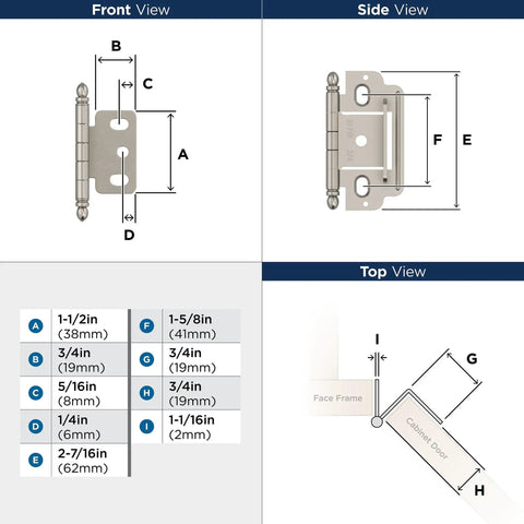 Diagram showing dimensions of Slick Satin Nickel Decorative Ball Tip Cabinet Hinge For 3 4 Inch Doors Partial Wrap Overlay.