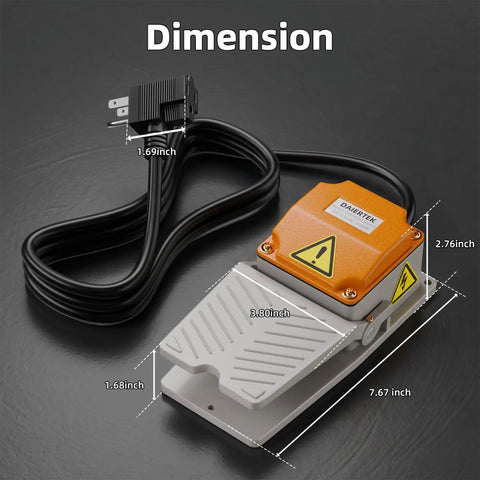 Workhorse Momentary Foot Pedal Switch With Six-Foot Cable And Piggyback Plug, IP65 Aluminum Cast Industrial Foot Controller, SPDT NO NC 15A 110-250V, Waterproof Foot Switch For Sander Meat Grinder Wood Lathe. Dimension view with 7.67 inch body and 6ft cable