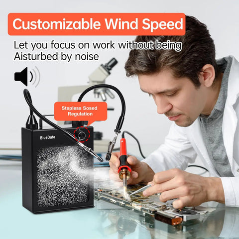 Person using solder fume extractor with HEPA and activated carbon filter portable smoke absorber for DIY soldering on workbench