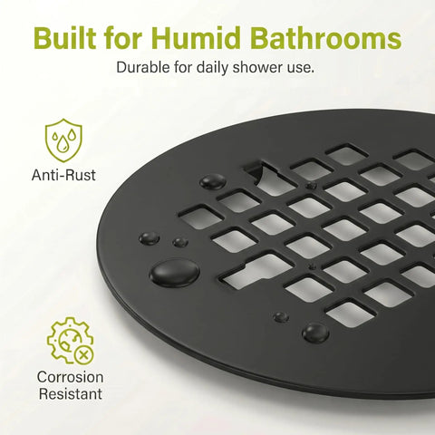 Close-up of Slick Matte Black Stainless Steel Shower Drain Cover Snap In, showcasing anti-rust, corrosion-resistant design.