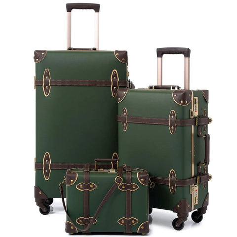 Vintage 3 Piece Luggage Set Hardside Lightweight Spinner Suitcases With Under Seat Train Case Army Green Retro Vibe Travel Gear