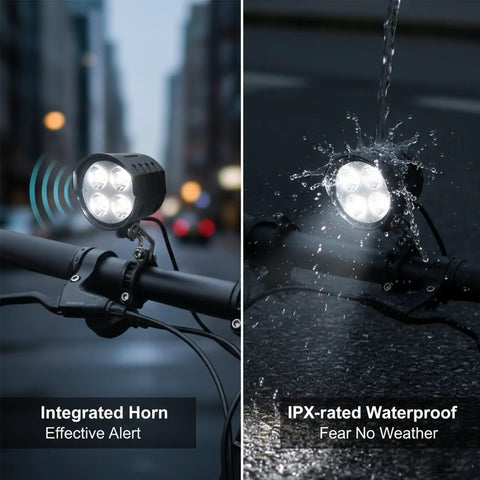 Three Pin Ebike Headlight With Horn For Night Riding, 12W Output, 4000 Lumens From Four LEDs, Universal Bike Light Fits 36V To 72V E Bikes, Durable Aluminum Housing, Waterproof, Road Or Trail Safe Illumination