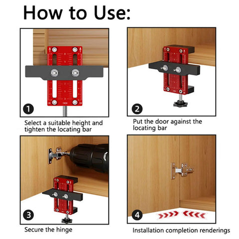 How to use Heavy Duty Cabinet Door Mounting Jig with steps for precise door alignment and hinge installation.