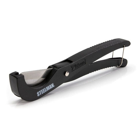 Side view of PVC Pipe Cutter Tool With Stainless Steel Blade For 2 Inch Tubes Heavy Duty Steel Body Pro Grade Rust Proof Coating.