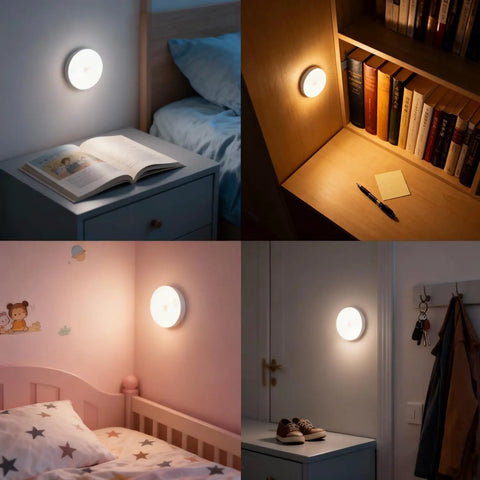 4 Pack Rechargeable Puck Lights With Remote And Touch Control illuminating bedrooms and shelves with white light
