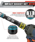 Knockout 50 Piece Impact Socket Set With 3/8 Inch Drive Sae And Metric Sizes featuring 11mm socket with high-contrast markings.