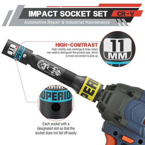 Knockout 50 Piece Impact Socket Set With 3/8 Inch Drive Sae And Metric Sizes featuring 11mm socket with high-contrast markings.