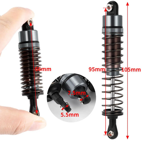 Oil Filled RC Shock Absorber Kit Four Piece Upgrade With Beefed Up Damping 1/10 Scale 70mm Front And 95mm Rear Dampers With Titanium CNC Machined Bodies Threaded Preload Adjustable For Tamiya TT-02B DT-02 DT-03 DF-02 1/10 Buggy Upgrades