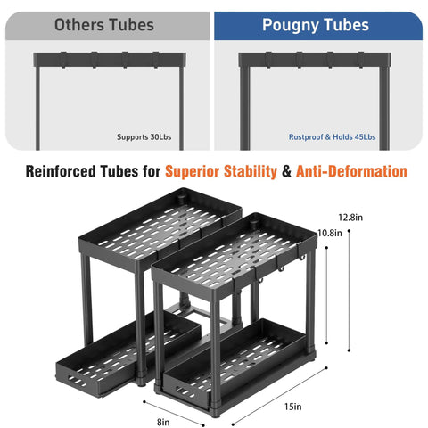 Heavy Duty Pull Out Under Sink Organizer Drawers Set Of Two Black Gliding Kitchen Cabinet Storage Carts side view with dimensions.