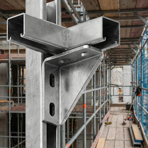Rock Solid 4 Piece Carbon Steel Gusset Brackets For 1 5/8 Inch Strut Channel right angle connector on scaffolding.