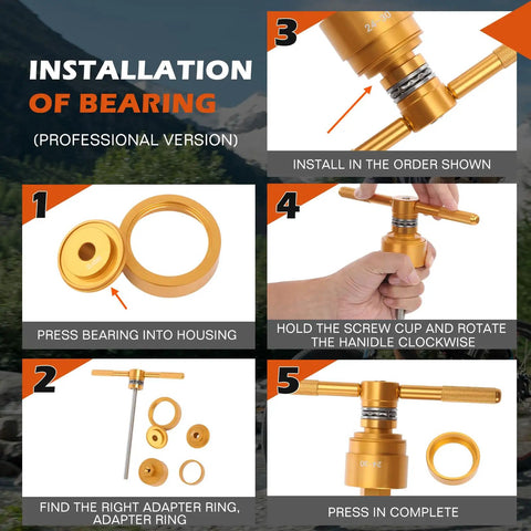 Step-by-step guide for Beast Bottom Bracket Removal And Installation Tool Kit With Bearing Press shown with aluminum components.