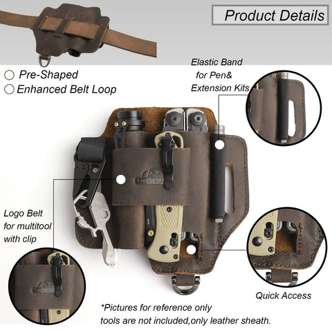 Leather EDC Multitool Sheath Belt Organizer For Daily Carry And Work Use, Fits Leatherman Tools, Flashlights, Keys And Pens