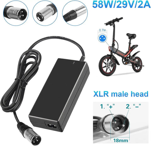 SGS Certified 58W 29V 2A Electric Scooter And Bike Battery Charger With XLR Plug And Play AC Adapter Power Supply That Fits 24V Battery Packs Compatible With Bladez XTR eZip 400 500 750 900 Mongoose M200 M250 M300 M350 M500 Z350