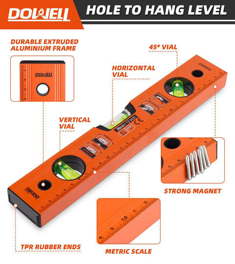 Pro Grade 12 Inch Magnetic Torpedo Level With Dead On Precision Green Acrylic Vials Heavy Duty Aluminum Frame And Shock Absorbing Rubber End Caps For Rock Solid Accuracy On Any Diy Or Professional Trade Job featuring orange frame and vials.