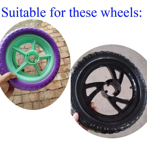 Two no-pedal kids bike wheels, one purple and green, one black, suitable for 2 Pack Balance Bike Hub Axle Repair Kit With Sealed Bearing Nuts Caps.