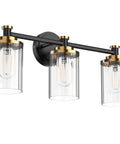 Three Light Black Brass Vanity Fixture With Clear Striped Glass Shades E26 Base Mounts Over Mirror Vintage Yet Modern Bathroom Lighting