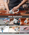 Super Lightweight Cordless Electric Scissors With 4V Battery And LED Light cutting through fabric and cardboard for crafting.