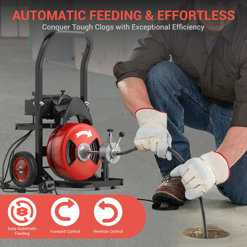 Powerhouse Electric Drain Auger With Auto Feed Design Tough As Nails 75 Foot Steel Cable Sewer Snake in use with automatic feeding feature.