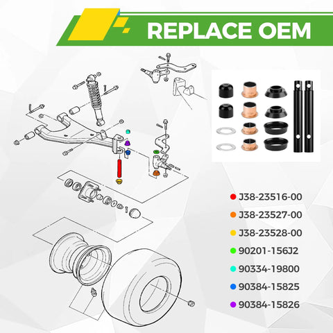 King Pin And Bushing Kit For Golf Carts G2 G8 G9 G11 G14 G16 G19 G20 1985-2001 Gas Or Electric Models Easy Install Durable Beefy Replacement Part Built For Smooth Steering And Long Lasting Performance. OEM kit parts layout