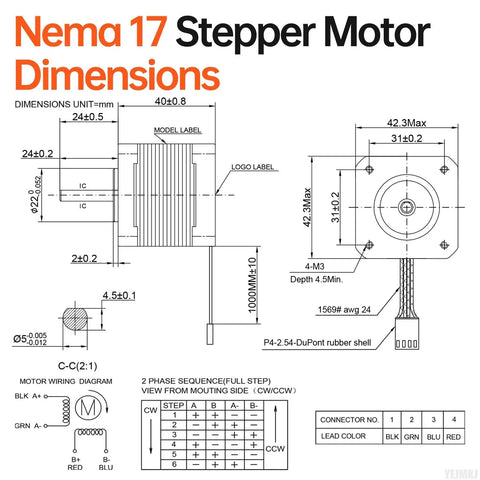 Technical drawing of 5 Pack Nema 17 Stepper Motors 2 Phase 1.8 Degree High Torque Bipolar 0.41 Nm dimensions and wiring diagram.