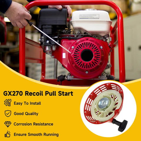 GX270 Pull Start Recoil Starter Assembly installed on generator engine, featuring easy installation and corrosion resistance.