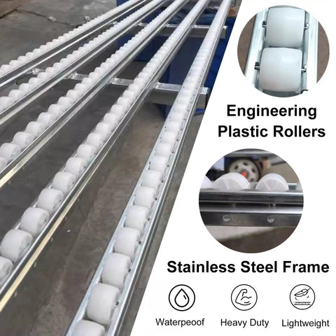 Heavy Duty Portable Roller Conveyor With Stainless Steel Frame And Plastic Rollers For Warehousing, Trailers, And Material Handling Tasks, close-up of rollers and frame.