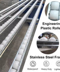 Close-up of Grab And Go Gravity Conveyor Roller Belt for hassle-free truck unloading, featuring engineering plastic rollers and stainless steel frame.