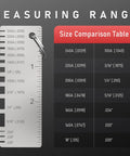 Close-up of Round Dual Sided Metal Sheet Gauge Set showing measuring range and size comparison table.