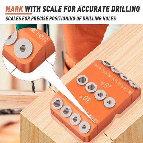 Multi Angle Cable Railing Drill Guide Jig With 30 45 90 Degree Angles For Angle And Straight Holes, shown in use on wood