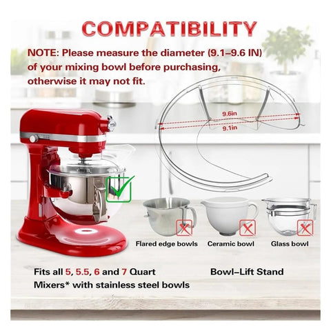Pouring Cover Splash Guard For KitchenAid Bowl Lift Stand Mixers 5.5Qt Through 8Qt displayed on red stand mixer, compatibility guide shown