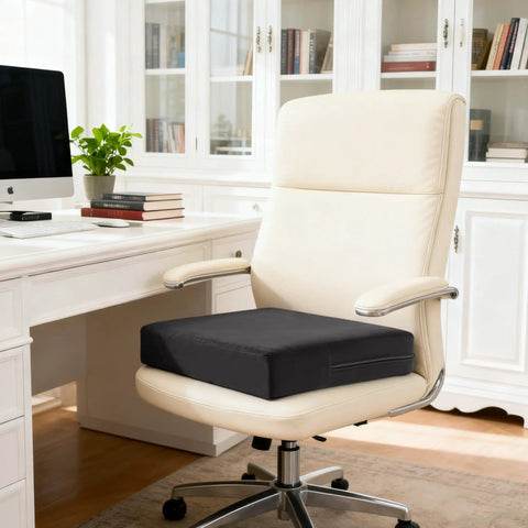 Ergonomic Recliner Seat Cushion 18 By 18 Inch Thick Gel Fill For Seniors To Pop Up Easy On Sofas Couches And Chairs With Durable Dark Grey Slipcover Fabric Perfect For Pain Relief And Comfort placed on a white office chair.