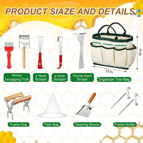 All In One Beekeeping Starter Kit With 30 Piece Gear And Protective Jacket tools including scrapers, fork, and tote bag.