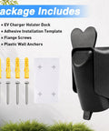 Package contents for Top Shelf EV Charger Holder Wall Mount With Rainproof Cover For J1772 Connectors, including dock and installation kit.