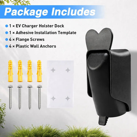 Package contents for Top Shelf EV Charger Holder Wall Mount With Rainproof Cover For J1772 Connectors, including dock and installation kit.