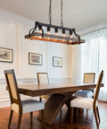 Rustic Farmhouse Kitchen Island Pendant Light With Five Lights Linear Chandelier In Black With Retro Wood Finish Industrial Vibe Hanging Light For Dining Room And Kitchen Bar UL Listed above dining table