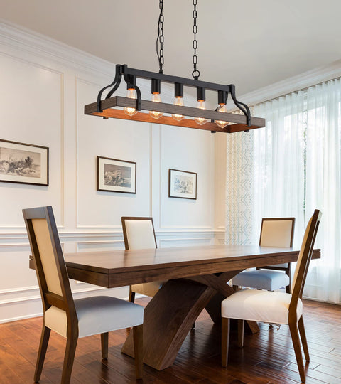 Rustic Farmhouse Kitchen Island Pendant Light With Five Lights Linear Chandelier In Black With Retro Wood Finish Industrial Vibe Hanging Light For Dining Room And Kitchen Bar UL Listed above dining table