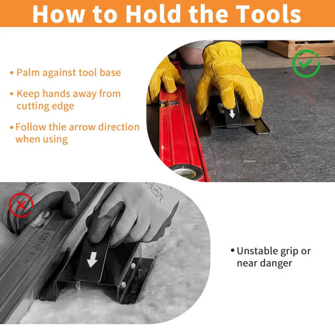 Correct and incorrect ways to hold 1.5 Inch V Cut Duct Board Cutter for HVAC Pros Heavy Duty Steel Sled Frame during use.