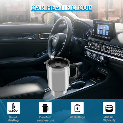 12V Car Heated Travel Cup Insulated Stainless Steel Thermos Mug 450ml Portable Water Heater installed in car cup holder