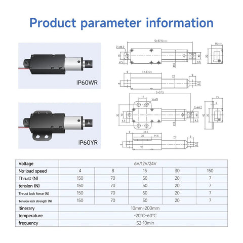 Heavy Duty Linear Actuator 6-24V 33Lbs 150N For Cabinets With Aluminum Housing IP54 IP65, front mount and dimension diagram