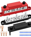 Beefy 12 Volt 250 Amp Power Distribution Block Bus Bar With Three Five Sixteenth Inch Studs And Ten Terminals, marine grade, with covers