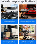 Collage of four lifting tables and equipment: electric lifting table, tool table, elevating hand truck, grooming table