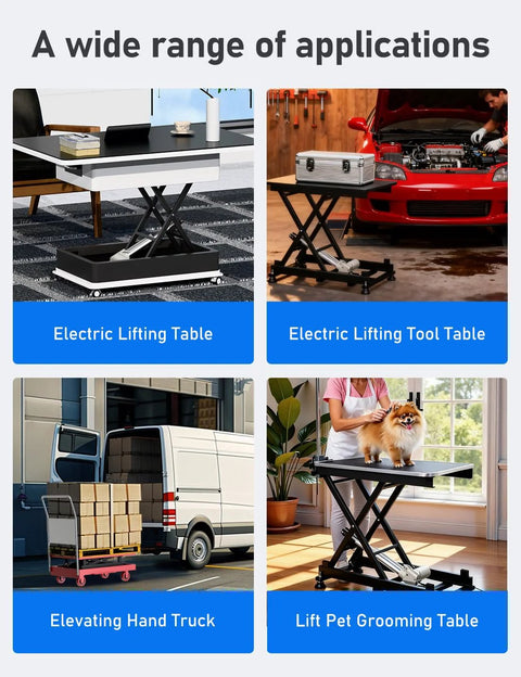 Collage of four lifting tables and equipment: electric lifting table, tool table, elevating hand truck, grooming table