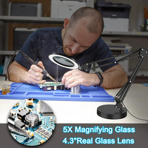 Person using All In One Lighted Magnifier With Stand And Clamp For Close Work, 5X Magnification, on electronics