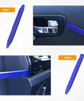 5 Piece Auto Trim Removal Tool Kit No Scratch Pry Set with nylon construction shown removing car door panels and clips.