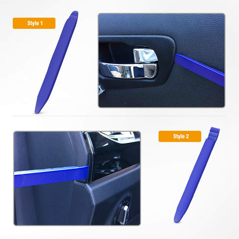 5 Piece Auto Trim Removal Tool Kit No Scratch Pry Set with nylon construction shown removing car door panels and clips.