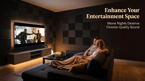 Home theater with 52 Pack Acoustic Foam Panels Wedge Studio Soundproofing Wall Tiles 12 By 12 By 1 Inch on walls enhancing sound quality