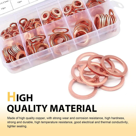 Copper Washer Kit 200 Piece Assortment For Oil Drain Plugs And Banjo Bolts Go To Gasket Set with box showing copper washers