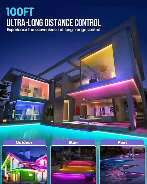 Modern home lit with Outdoor LED Strip Lights Waterproof 100 Ft 6 Rolls Of 16Ft 4In IP65 Ultra Long RGB 5050 Color Changing.