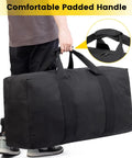 Massive 100L Duffle Bag for Travel and Weekender Getaways Foldable Gear Carrier with padded handle, black with wide webbing