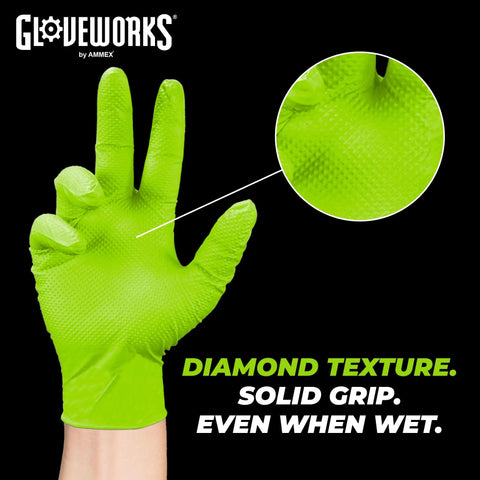 GLOVEWORKS HD green disposable gloves, 8 mil, diamond-texture, latex-free, medium, 2 boxes of 100